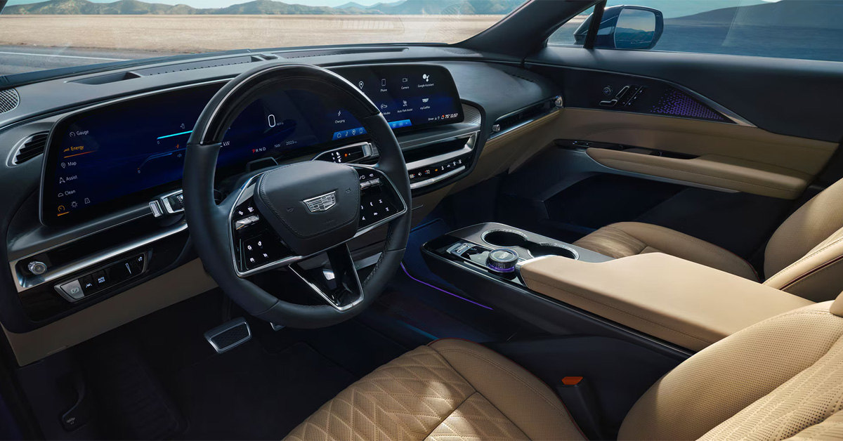 interior of the 2026 Cadillac Lyriq steering wheel and front seats