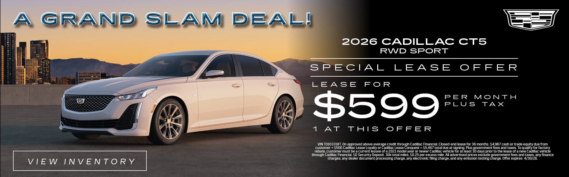 2026 Cadillac CT5 RWD Sport lease deal for $599 monthly