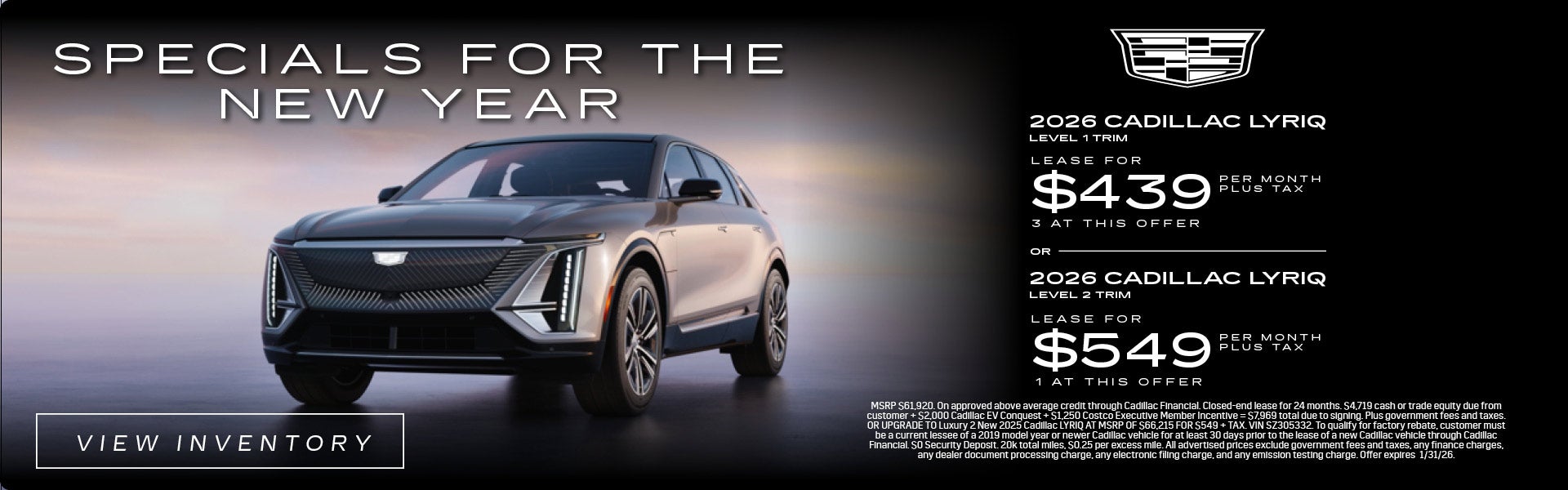 Silver 2026 Cadillac Lyriq SUV lease offer